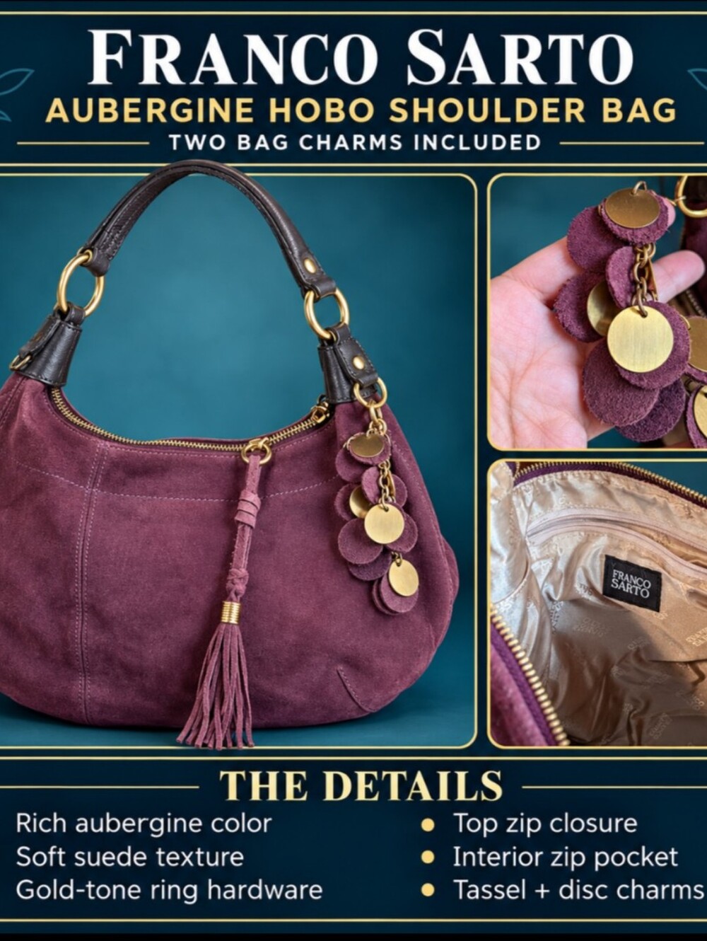 Franco Sarto Plum Suede Hobo Bag with Gold Hardware